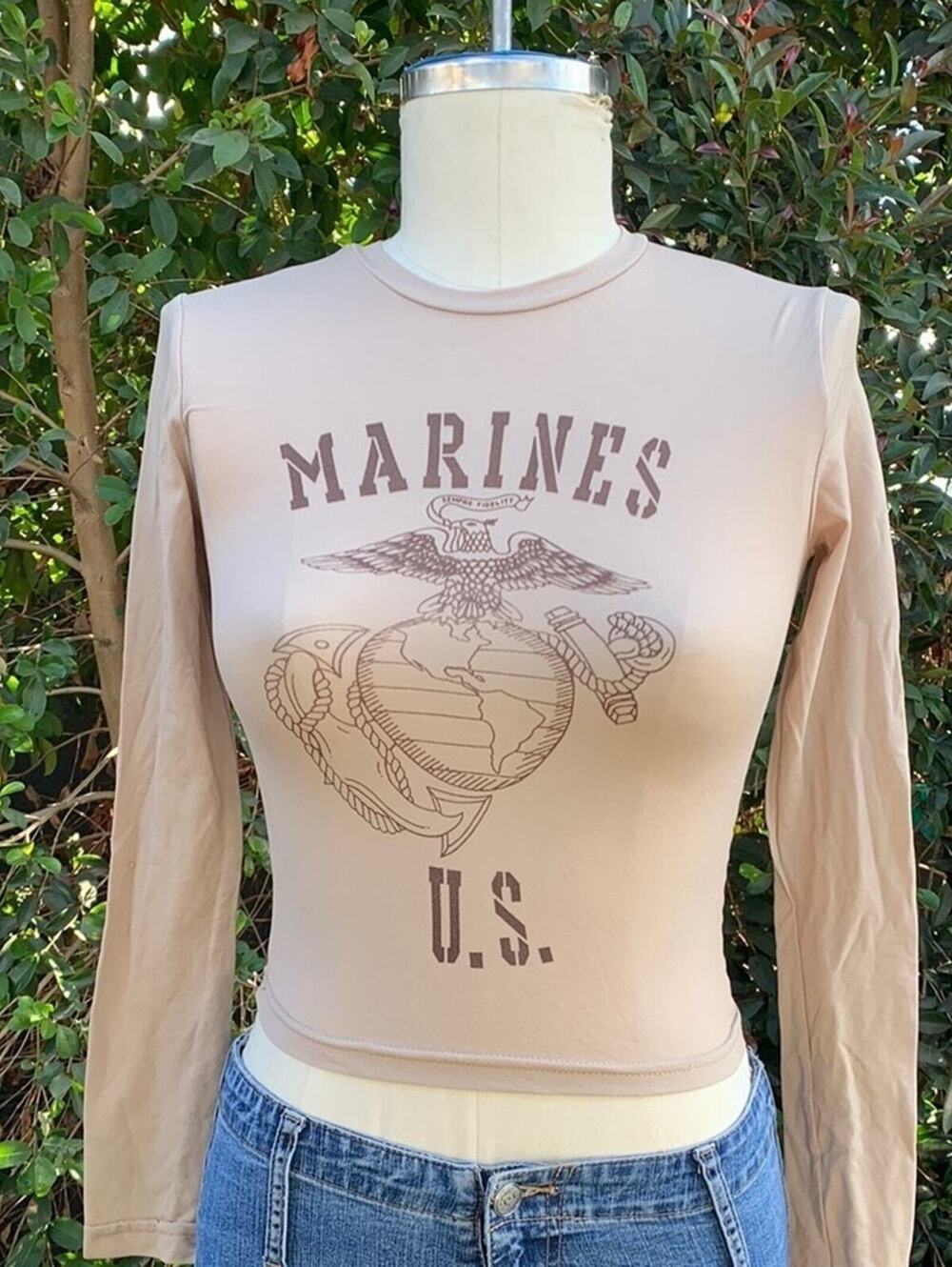 Grunge Vintage 90s Marines U.S. Beige Long Sleeve Top USA Made